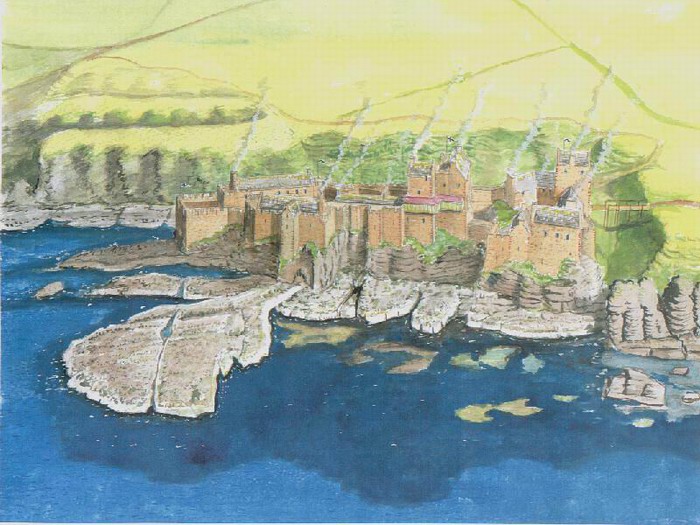 An areal view of Castle Sinclair Girnigoe as it may have looked in the early 1600s: illustration by Andrew Spratt. 