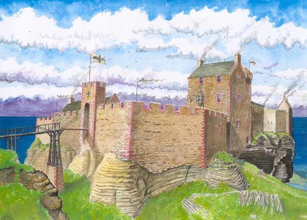 Castle Sinclair Girnigoe as it may have looked in 1690, illustration by Andrew Spratt. 